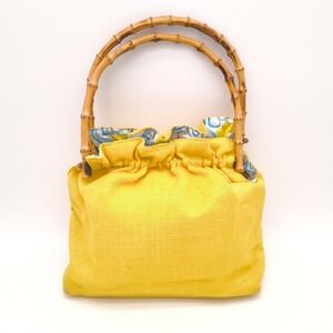 Vintage MCM Reversible Yellow Fabric Handbag with Round Bamboo Handles